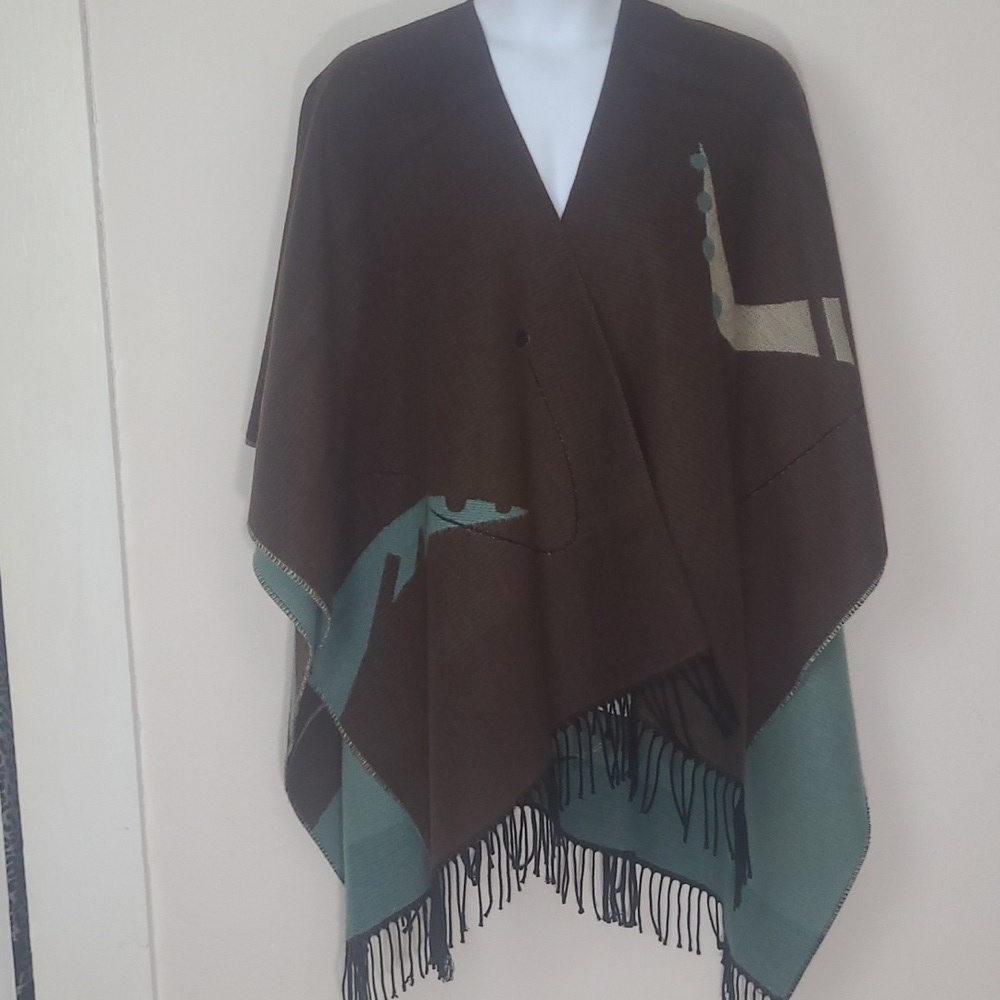 Reversible Ruana Wrap Cape Turquoise & Brown Soft Knit Boho Fringe Shawl XL 1 sz - Picture 9 of 14
